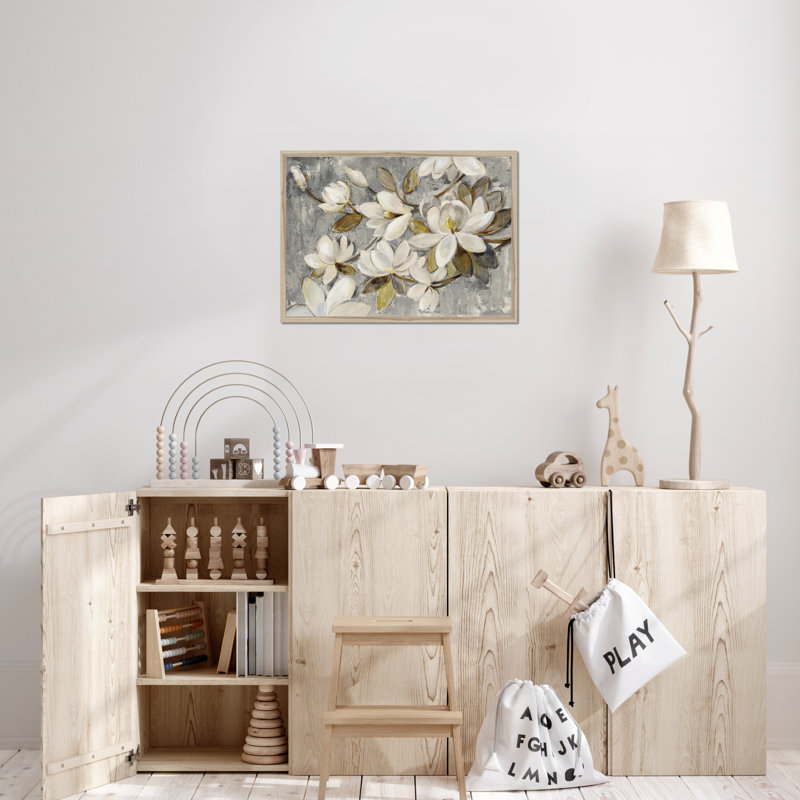 Magnolia Simplicity Neutral Grey by Silvia Vassileva - Painting, Natural Wood Framed Paper Print, 55cm H x 80cm W