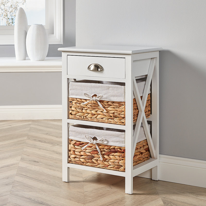 Frahm Fully Assembled 3 Lined Woven Drawer Bedside Table Storage Unit, White