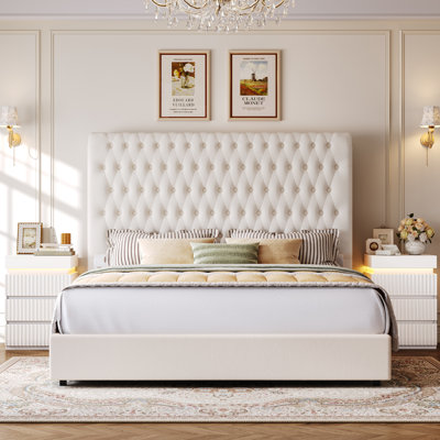 3 Piece Bedroom Set, Velvet Upholstered Deep Button Tufted Storage Bed, Modern Wood Storage Bed Frame and Nightstand Set (Set of 3)