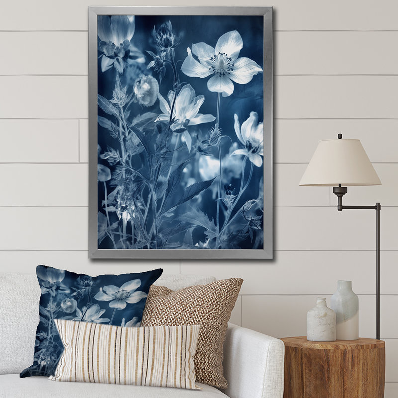 Fleurs sauvages dans un pré bleu botanique - impression, Cadre simple gris, H 32 po x l 16 po x P 1 po
