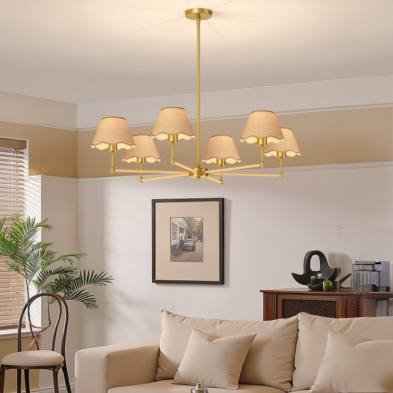 36in Boho Rattan Chandelier, Rattan Pendant Light, 6-light Modern Farmhouse Industrial Chandelier With Gold Lampshde