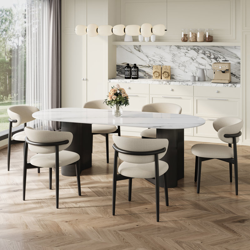 7-piece 71'' Oval Dining Table Set For 6, Luxury Faux Marble Kitchen Table With 6 Fabric Chairs