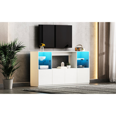 Elegant Tv Stand With Tempered Glass And Adjustable Led Lights, 75" Tvs, White High Cabinet Efficient Cable Management Colorful Illumination,
