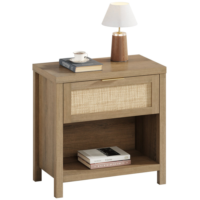 Rattan Night Stands, Boho Bedside Table With Drawer And Storage Shelf, Farmhouse Accent Nightstands Side Table For Bedroom Sofa Office
