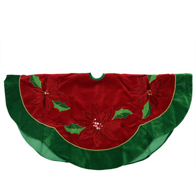 48" Red and Green Sequined Poinsettia Christmas Tree Skirt