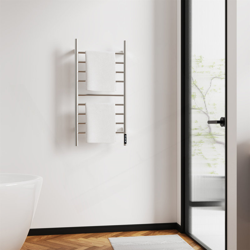Porte-serviettes chauffant en nickel brossé pour la salle de bain, fixé au mur avec minuterie à écran tactile intelligent, chauffe-serviettes 9 barres, acier inoxydable 304 poli, à brancher / câblé