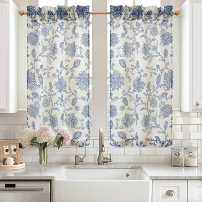 Kitchen Curtain Floral Tier Linen Short Pinstripe Cafe for Living Room Bathroom Julia Farmhouse Rustic Curtains Rod Pocket 2 Panels