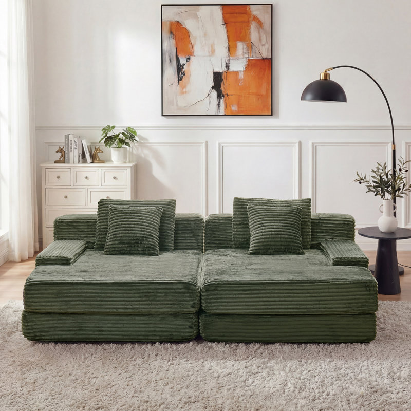 Oversized Modular Flannel Double Chaise Lounge Chair with 4 Pillows, Pure Foam Filled, No Assembly Required, Green, Green
