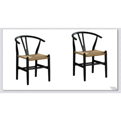 Chaises d'appoint noires en bois 2 pièces avec sièges en corde tissée pour un décor moderne de salle à manger et de cuisine