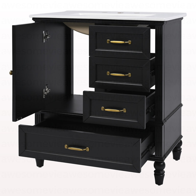 Meuble-lavabo de 30 po avec lavabo, armoire de salle de bain avec porte, trois tiroirs, pieds en bois massif et panneau de fibres à densité moyenne, patins réglables, noir