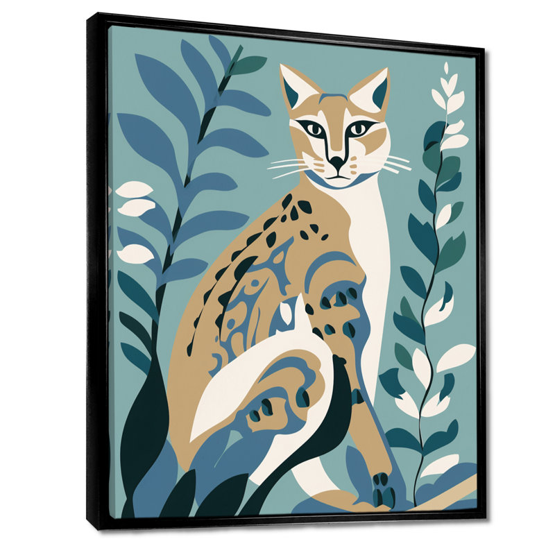 Lynx portrait délavé rétro bleu Illustration - art mural chat, Toile flottante noire encadrée, H 20 po x l 12 po