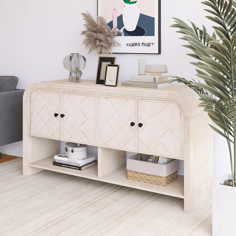 59.80 Inch Wood Sideboard With Woven Wood Slats And Solid Wood Veneer, Beige