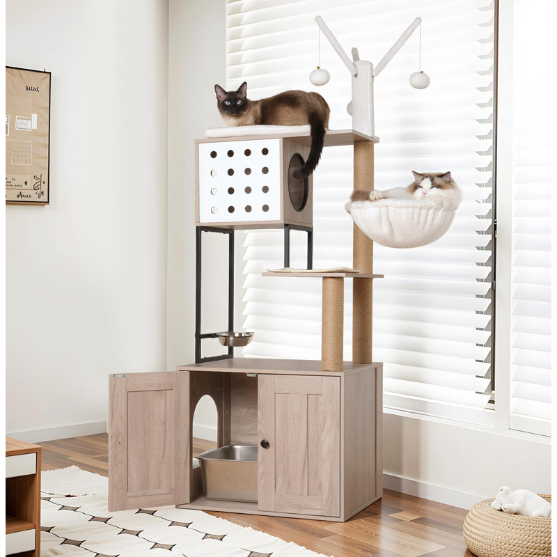 Arbre à chat avec bac à litière - maisonnette pour chat moderne avec poteaux à griffer, bol d'alimentation et bâtons de pompons amovibles, gris