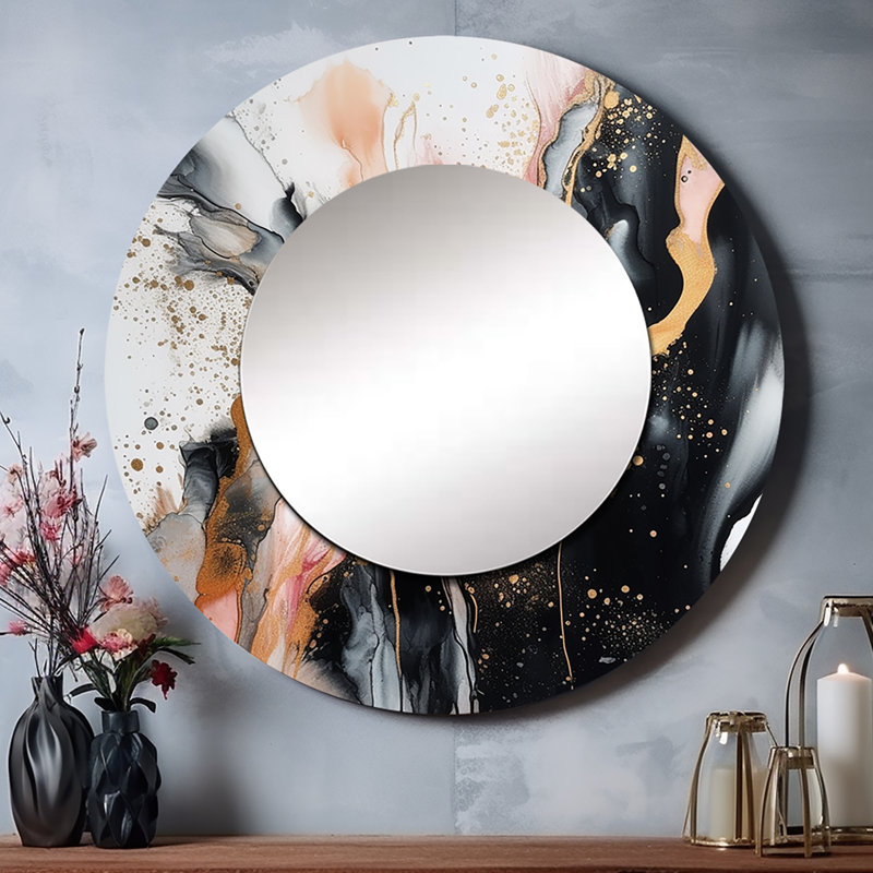 Rahmin noir et or fluide pierre - marbre unique miroir mural, miroir rond noir, impression d'art en métal, 29 po x 29 po