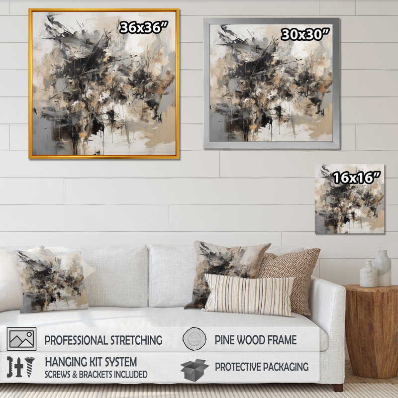 Gris noir intérieur des mondes de marbre III - art mural abstrait géométrique, H 36 po x l 36 po x P 1,5 po