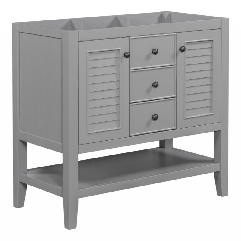Meuble-lavabo 36 po sans lavabo, base d'armoire seulement, deux armoires et tiroirs, tablette ouverte, structure en bois massif