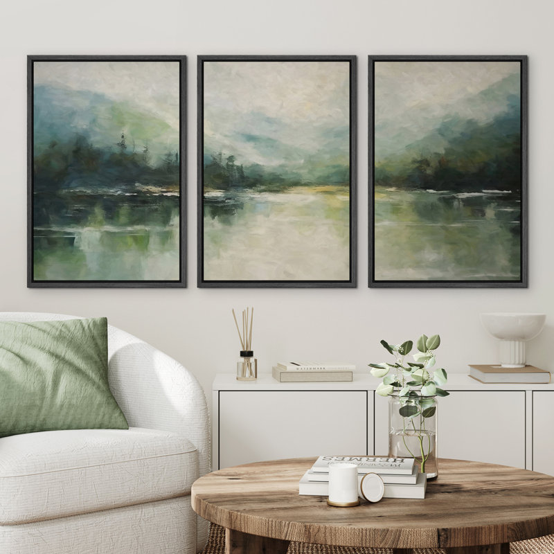 Abstract Landscape "Emerald Green Mountain Lake Nature Artwork, Modern Minimal Aesthetic Wall Pictures, Framed Canvas Giclée Print 3 Pieces Wall Art"