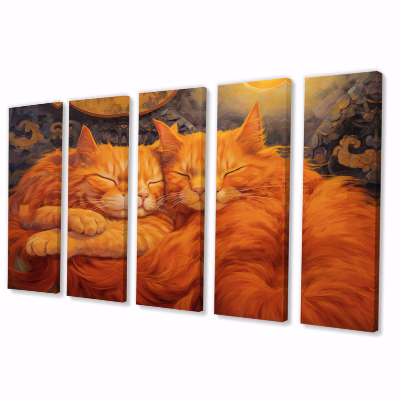 Moelleux chats orange dormant ensemble - animaux, décoration murale chat - 5 panneaux égaux