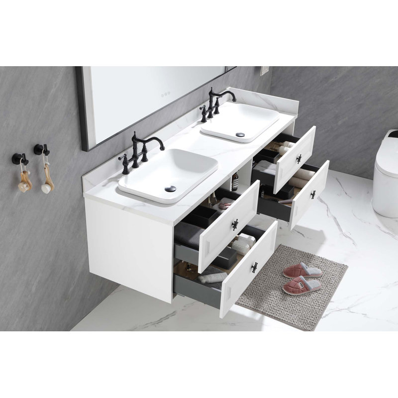 Le meuble-lavabo mural de 84 po convient aux lavabos doubles, au cabinet seulement, au comptoir et aux lavabos non inclus