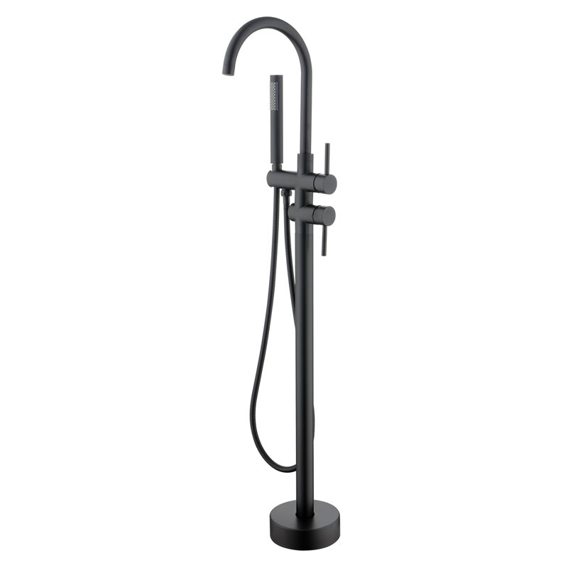 Floor Mounted Tub Faucet High Flow Freestanding Tub Filler Faucet With Handheld Shower Head And Swivel Spout, Matte Black