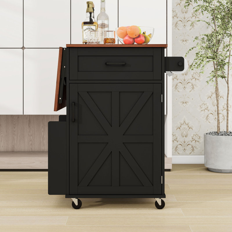 Îlot de cuisine en bois avec abattant, tiroir et tablettes, Black