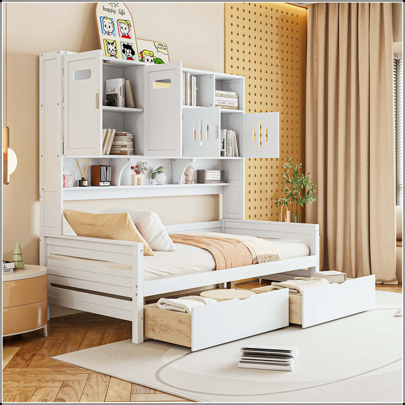 Lit de jour simple en bois avec 2 tiroirs et armoire et tablette tout-en-un, Blanc