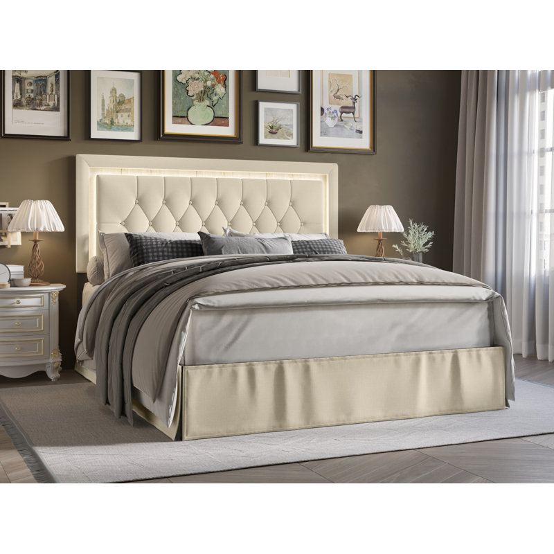 Très grand lit plateforme tapissier Epworth, Beige, Double