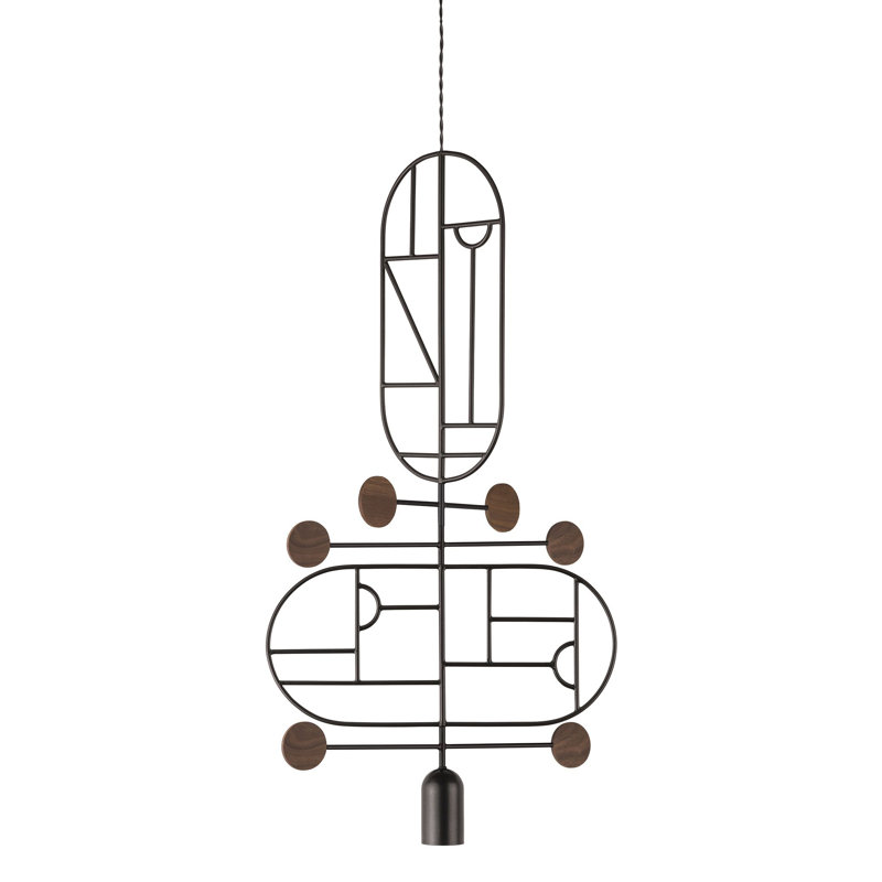 Luminaire suspendu géométrique unique à 1 lumière H 33,5 po à pois en bois, Noyer, Noir