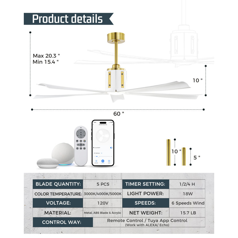 60 Inch 18W Ceiling Fan With Led Lights, 5-Blades With Alexa Google Smart Control And Remote Control And App, Gold, White