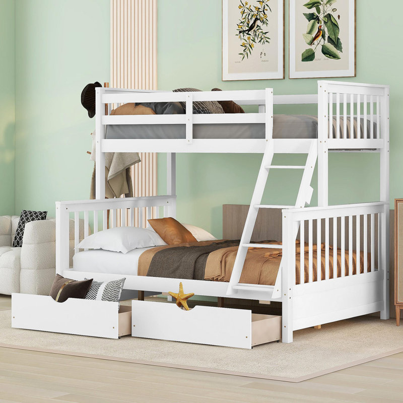 Lit superposé simple au-dessus d'un lit double avec échelles et deux tiroirs de rangement (blanc) {Old Sku: LT000165AAK}