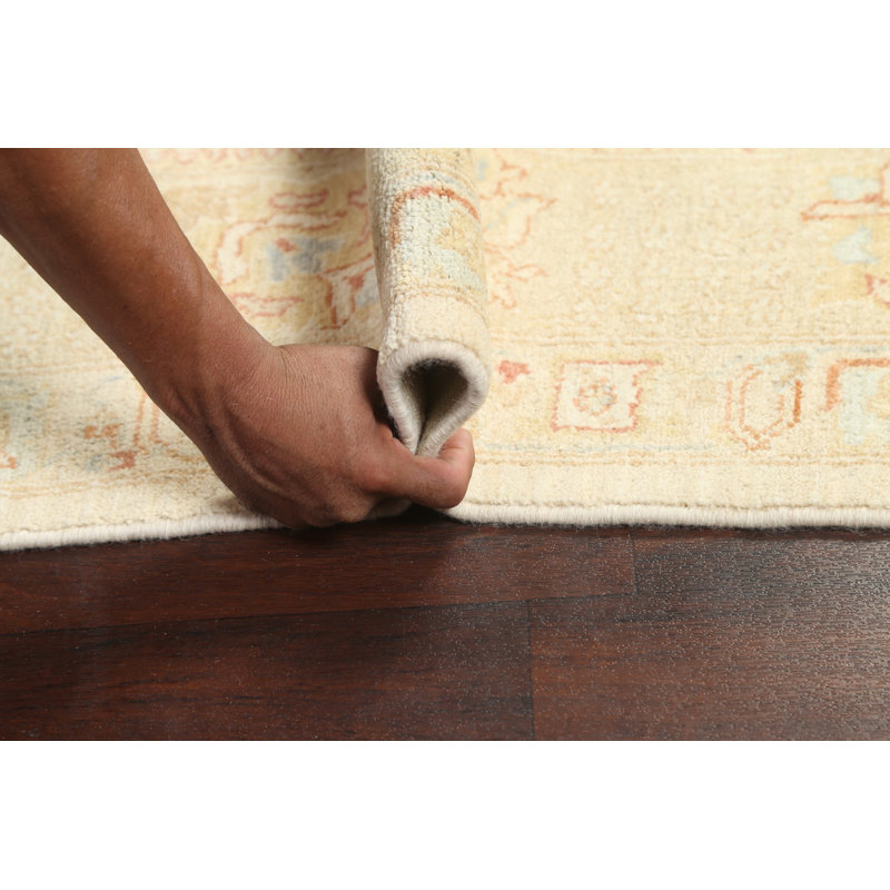 Tapis beige en laine noué à la main de conception unique 6 pi 5 po x 9 pi 10 po Rabeka