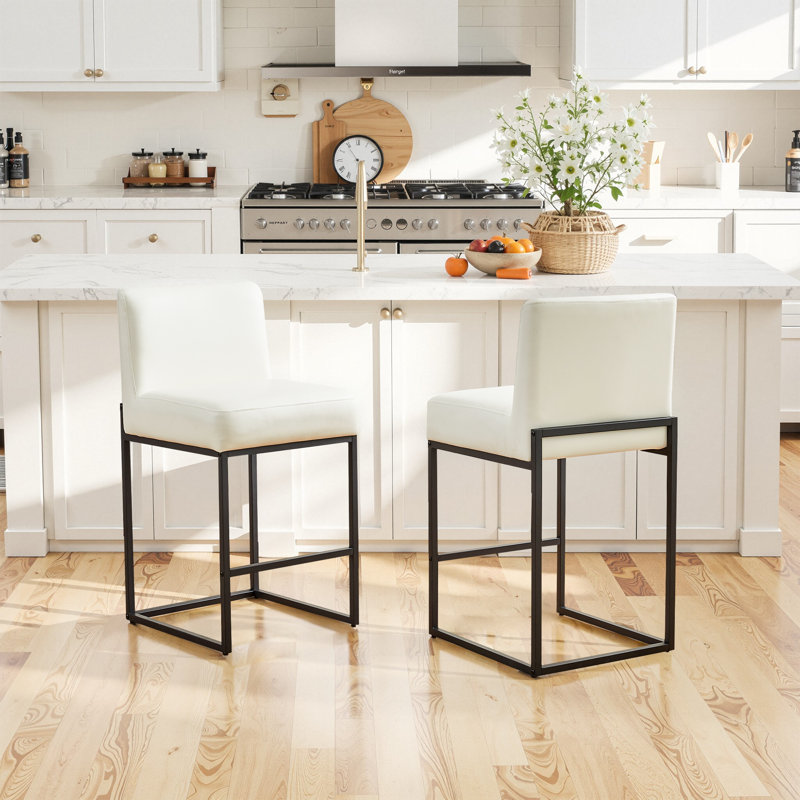 26" Modern Faux Leather Counter Stools, with Sturdy Metal Base, White Seat/ Black Frame, 2