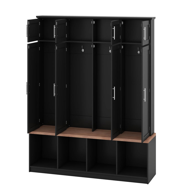 Arbre d'entrée avec banc et compartiments de rangement pour chaussures, armoire d'entrée multifonctionnelle à panneau de particules avec 4 crochets de suspension