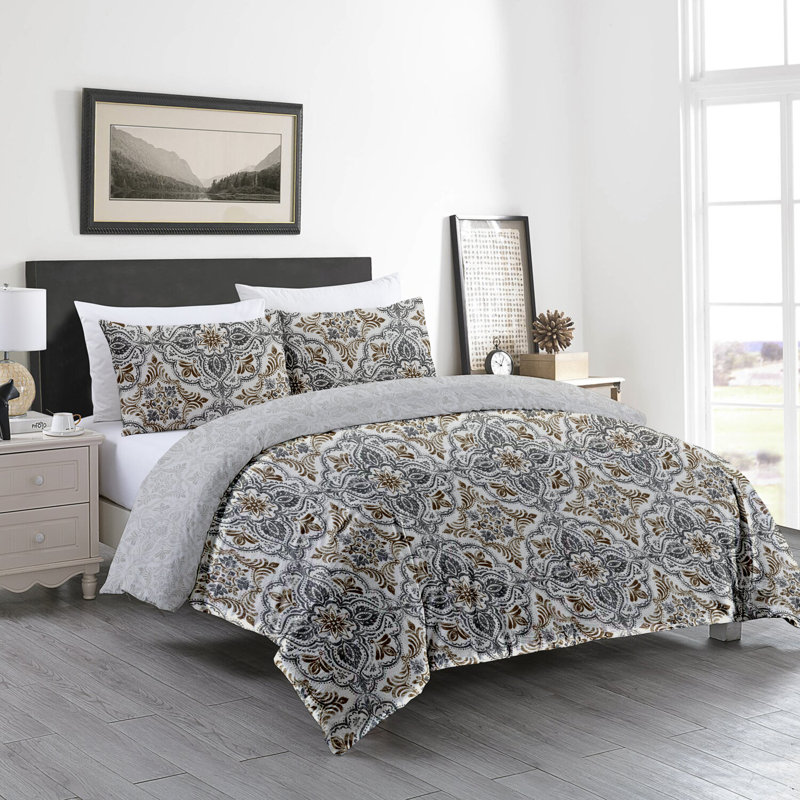 Ensemble de housse de couette réversible standard en coton biologique 3 pièces gris brun
