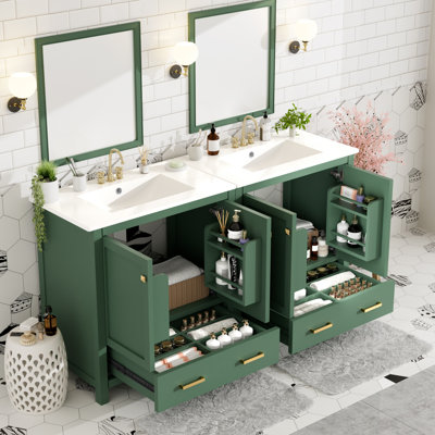 Ensemble de meuble-lavabo vert 60 po avec double meuble-lavabo, double vasque en céramique, tablette de rangement et tiroirs séparés (miroir non inclus)