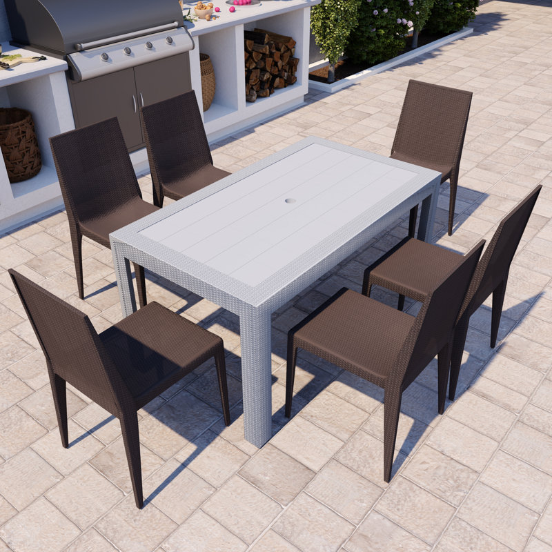 7-Piece Outdoor Dining Set Rectangular Dining Table with Umbrella Hole and 6 Dining Side Chairs, White, Brown