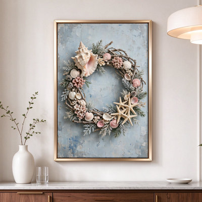 Coastal Holiday Wreath, Framed Canvas Wall Art, Beige Frame, 36 x 24 Inch