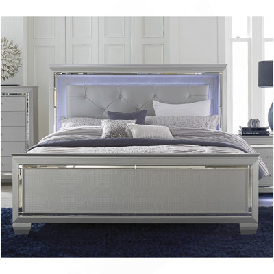 Silver Finish Upholstered Button-Tufted 1Pc Queen Size Bed LED Headboard Faux Alligator Embossed Textural Panels Wooden Bed