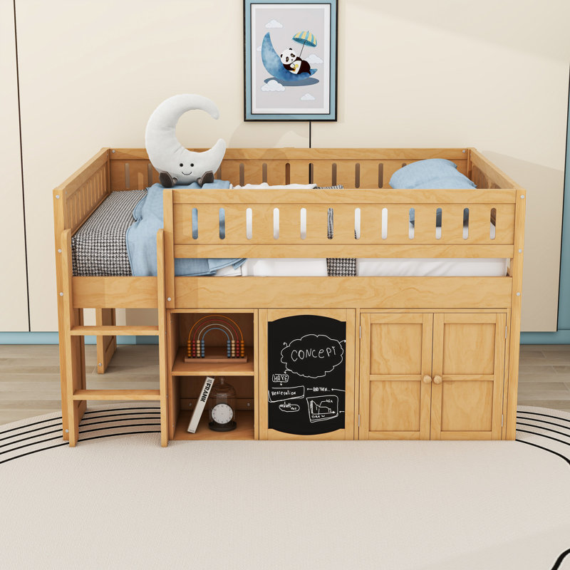 Lit mezzanine double avec panneau noir et tablettes, Naturel
