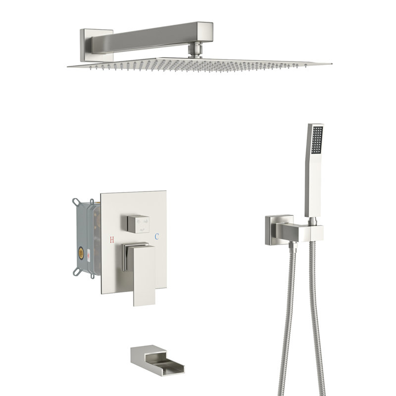 10 Inch Wall Mounted Square Shower In Brushed Nickel - Waterfall Tub Spout, 3 Function, Rainfall Shower, Handheld Implement System With Spout Nickel, Rain Handheld, Facility Kit