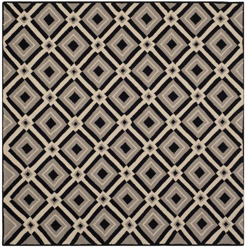 Tapis noir / gris à motif géométrique crocheté à la main Hayes, Carré 6 pi
