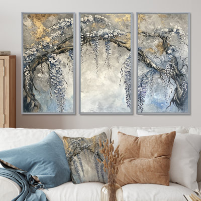 Silver Wisteria Tree Silver Vintage - ensemble de reproduction d'art mural arbre floral