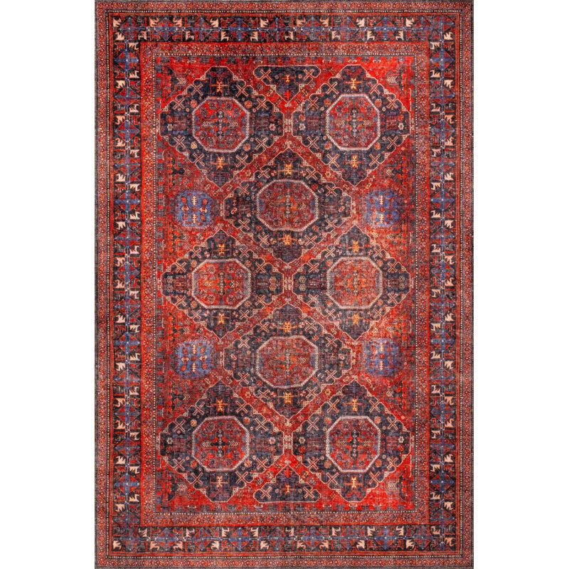 Tapis rouge marocain en polyester tissé à la machine, Rectangle 6 pi 7 po x 9 pi 11 po