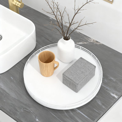 Rotating Wood Tray With Metal Frame, Multi-Purpose Organizer For Bathroom Vanity, Dresser, Kitchen Countertop, And Coffee Table Decor