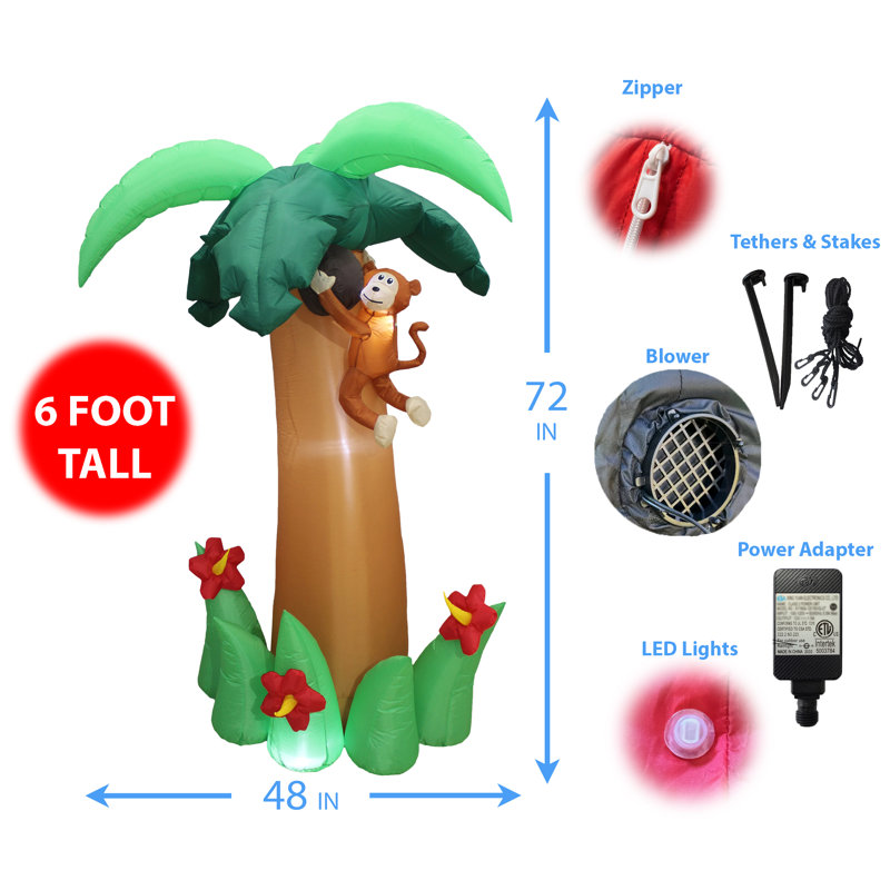 6 Foot Tall Jumbo Summer Party Inflatable Palm Tree with Monkey Coconut and Flower Indoor / Outdoor Blow Up Holiday Yard Decoration