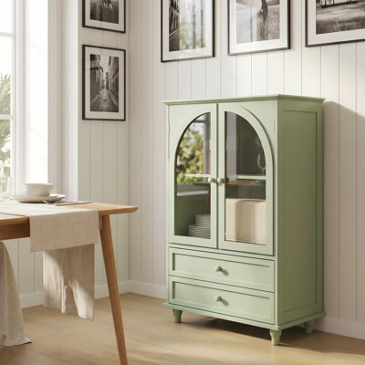 Armoire de rangement de 41,93 po de hauteur vert menthe, buffet avec porte en verre trempé arqué avec plateau à niveaux, garde-manger à 2 tiroirs pour la cuisine, la salle à manger, le salon, le vestibule et le bar
