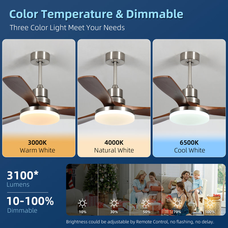 52 In. Wood Smart Indoor Silver Ceiling Fan With 3-colours Led Light/ Dimmer And Dc Motor And App/remote/memory Function