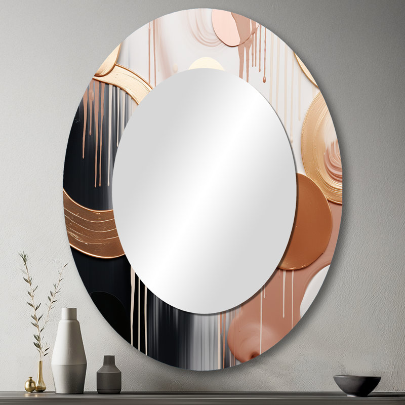 Gold And White Abstract Shapes Harmony V - Large Oval Wall Mirror On Metal, 43" x 33"