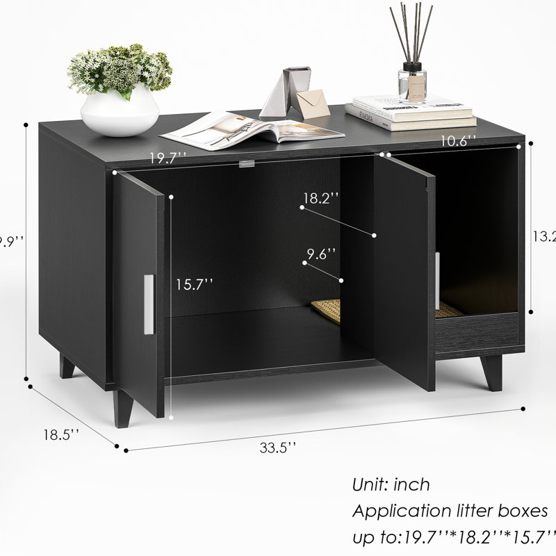 Meuble pour litière robuste pour chat avec élément caché et tapis à gratter - L 33,5 po x P 18,5 po, H 19,9 po, multifonctionnel, surface de conception noire et fonctionnelle, charge de 120 lb