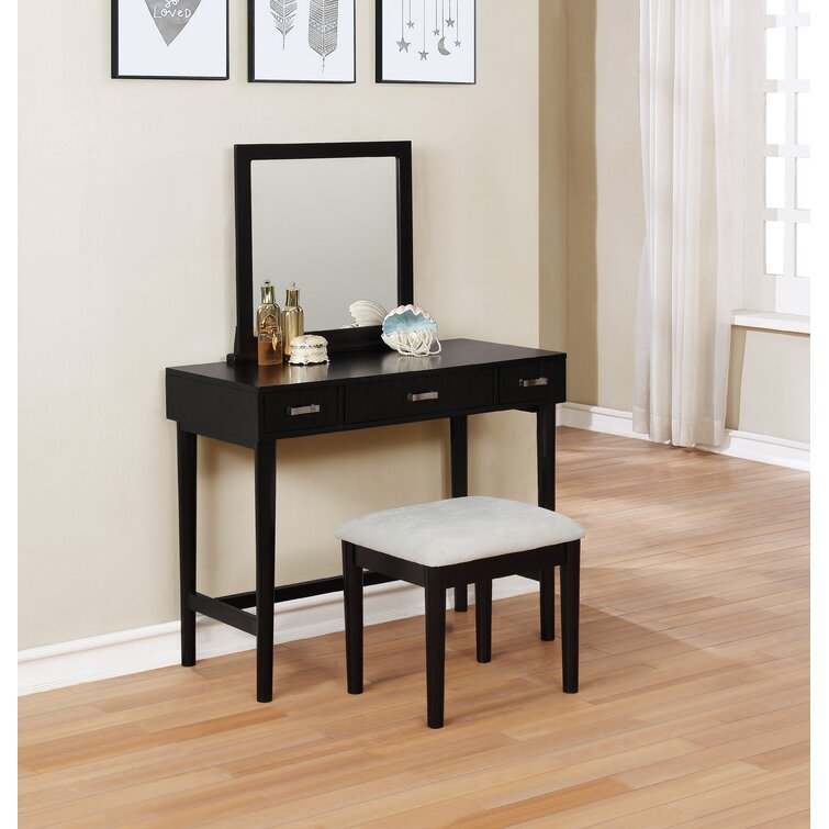 Red Barrel Studio® Simen Wood Three Drawer Mirror Stand Vanity with Stool &  Reviews